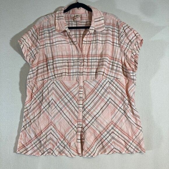 Faded Glory Women 22/24W Peach Plaid Short Sleeve Snap Up Western Style Top - Picture 1 of 11